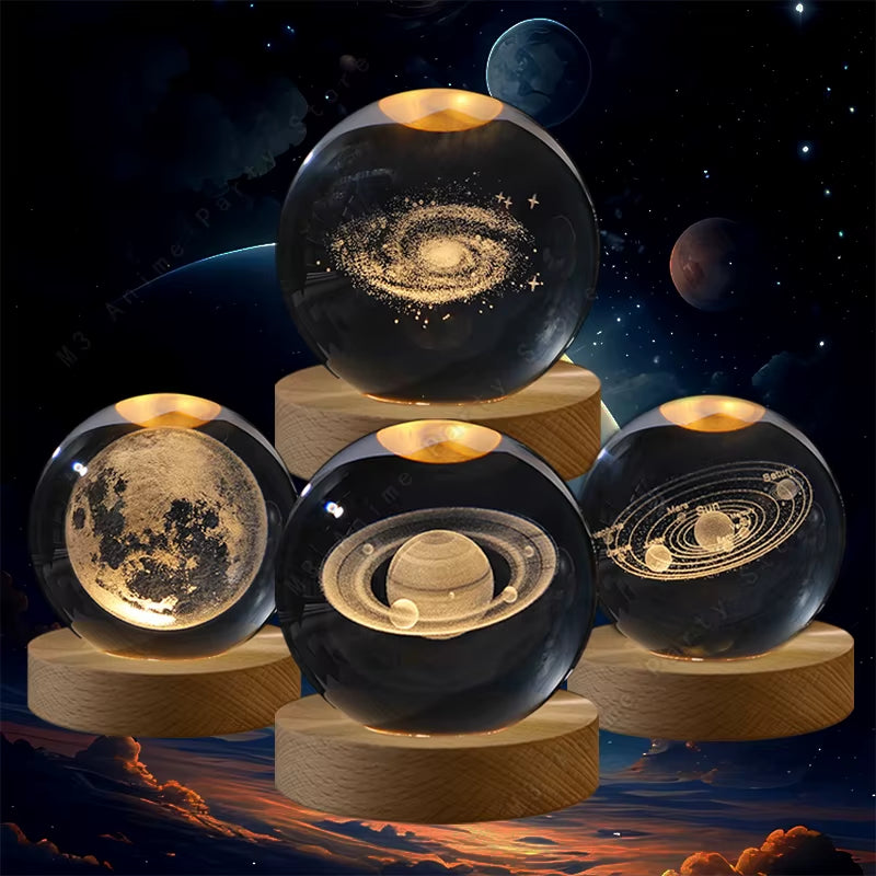 Unique 3D Crystal Ball Night Light Led Lamp Bedside Table Glowing Galaxy Lamp Saturn Planets Moon Children Birthday Gift Toy 5Cm