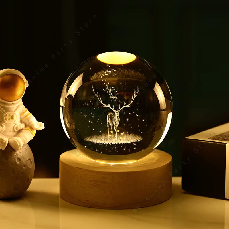Unique 3D Crystal Ball Night Light Led Lamp Bedside Table Glowing Elk Deer Lamp Children Birthday Gift Room Decoration 5Cm Toys